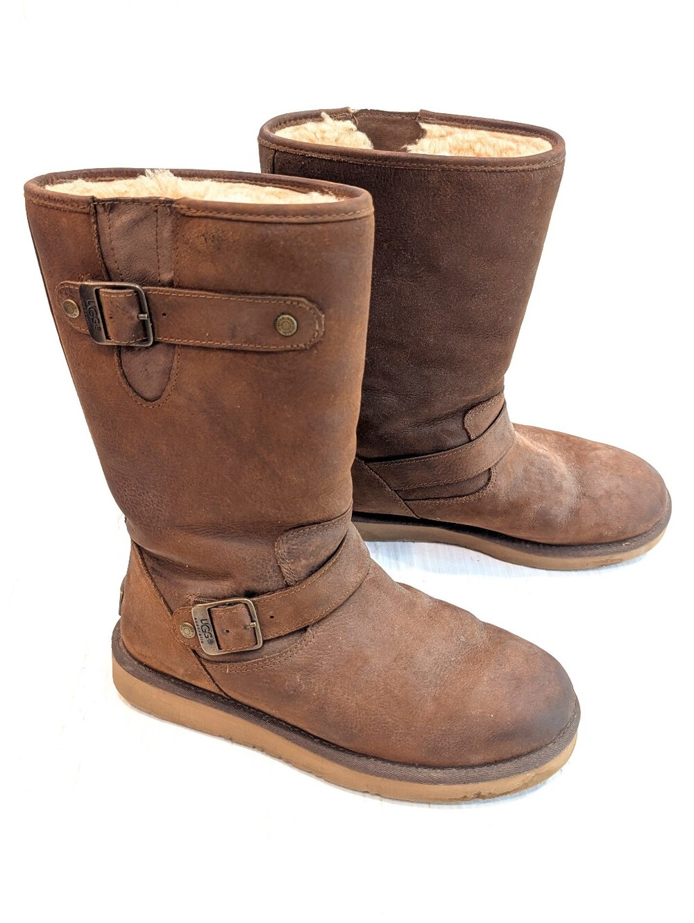 UGG Sutter Brown Shearling-Lined Buckle Strap Mid-Calf Leather Winter Boots Sz 8